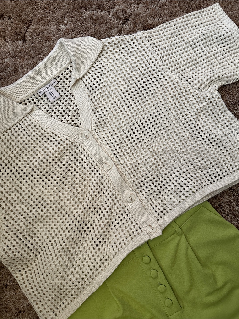 Sincerely Jules Cream Open-Knit Short Sleeve Button Top